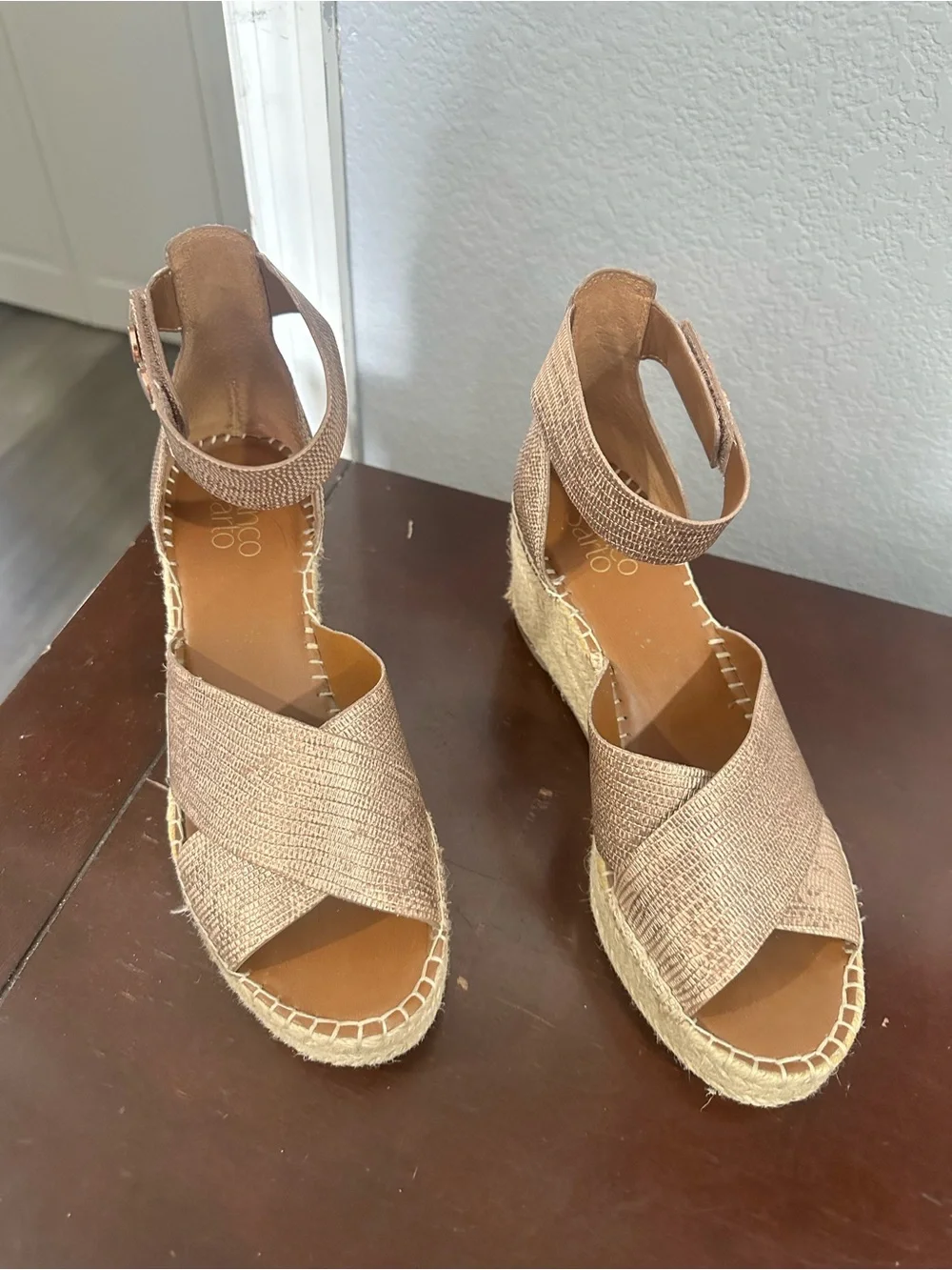 Franco Sarto Womens Metallic Bronze Espadrille Wedge Sandals with Ankle Strap